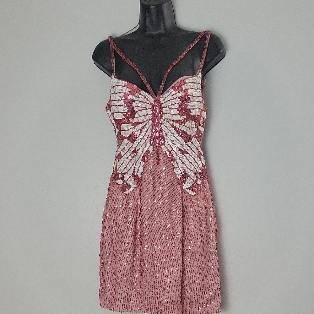 Sequin Butterfly-Embellished Rose Pink Slip Dress Size Large New w/o Tags